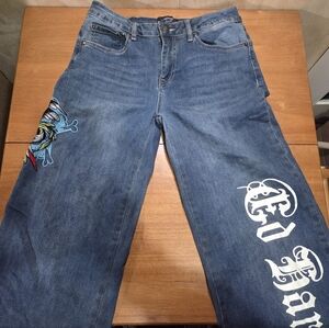 Y2K Ed Hardy Women’s Jeans Size 28 Blue Graphic Embroidered Denim